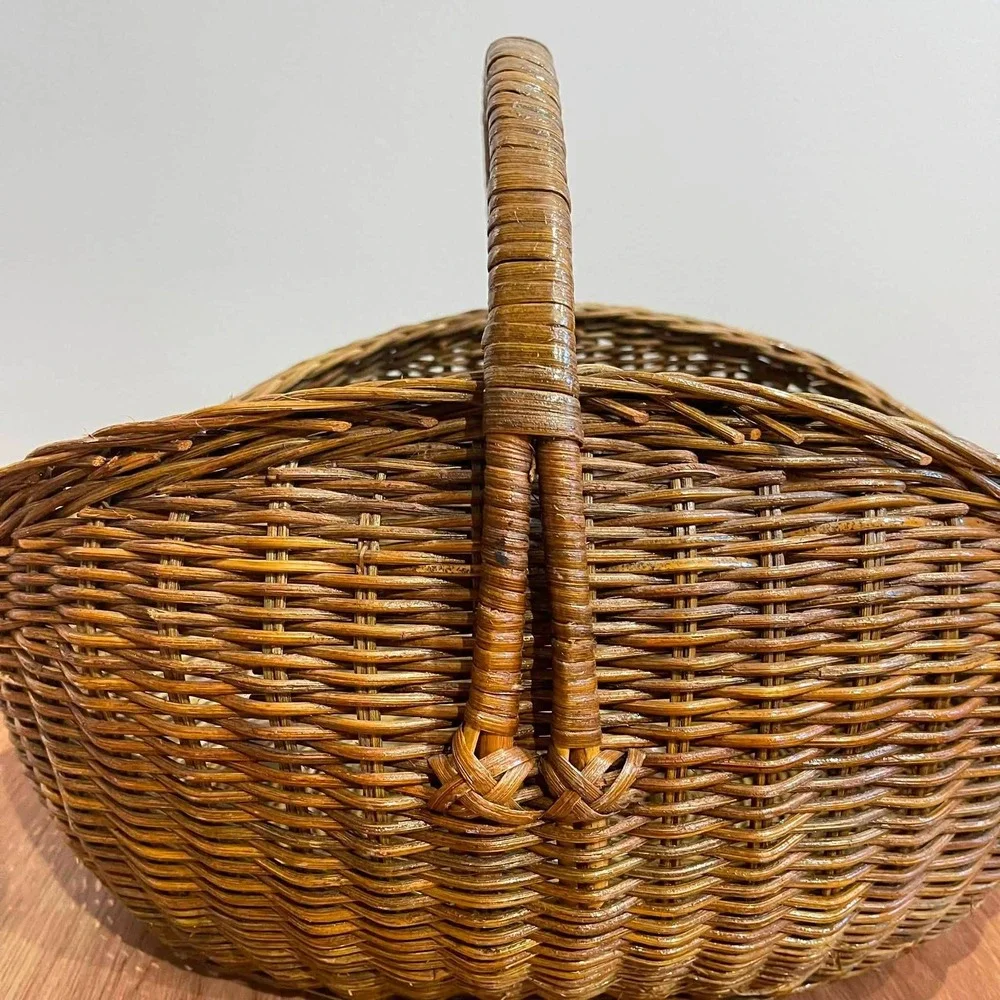 VTG Large French Basket Country Woven Wicker Rattan Flower Herb Gathering 19x15